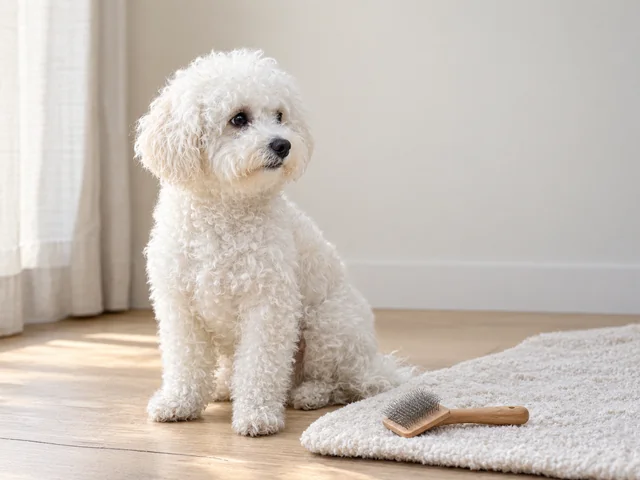 Small curly-haired white dog resting on a pale wood floor beside a grooming brush in soft window light