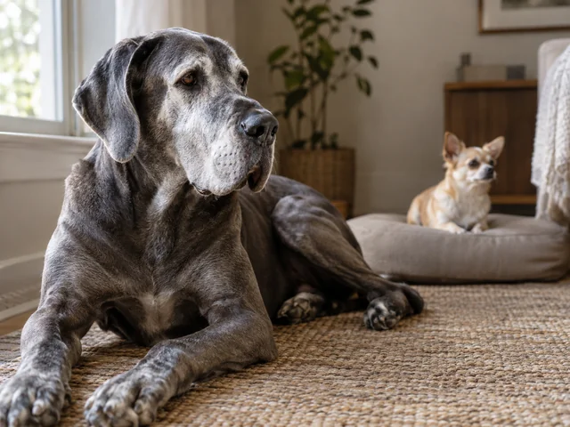 A large senior dog with a graying muzzle lies on a rug while a small dog sits on a cushion in the background.