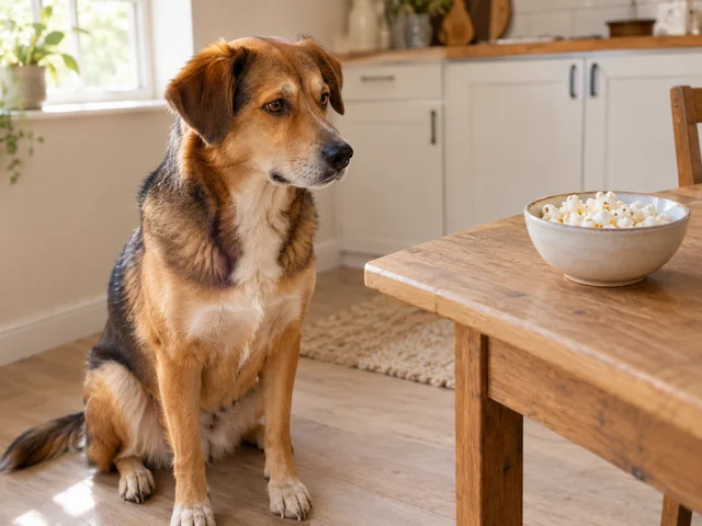 A dog looks toward a small bowl of plain air-popped popcorn on a wooden table.
