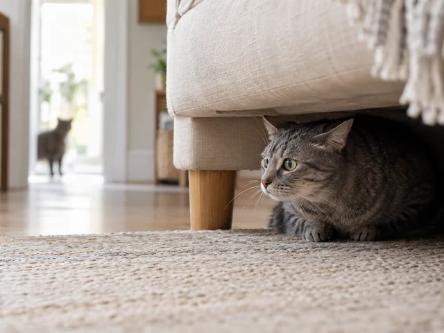 A gray tabby cat crouches low and hides beneath a sofa, ears back, watching a second cat blurred in the doorway.