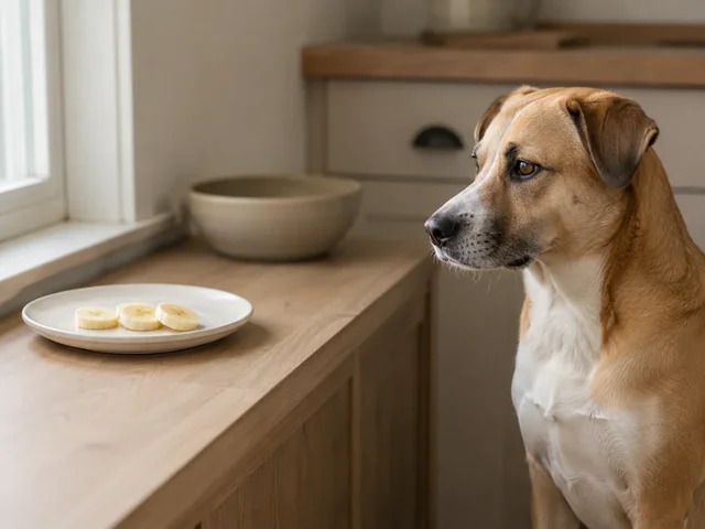 Dog sitting in a kitchen in profile, looking toward three thin banana slices on a small plate.