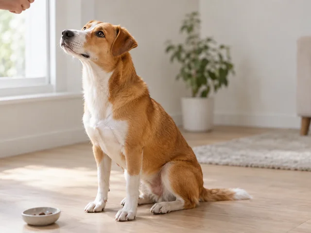 A tan dog sits on a living room floor, looking up attentively toward a hand offering a small training treat.