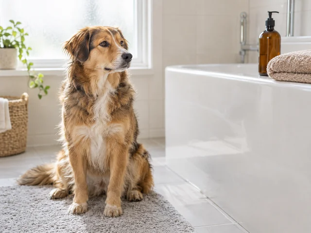 A dog sits on a bath mat next to a bottle of shampoo and a folded towel in a bright bathroom.