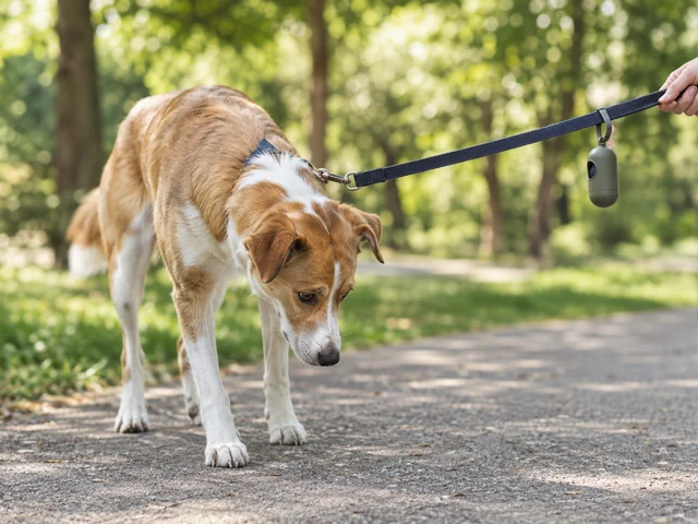 A dog on a leash looks down at the ground while a person holds the leash taut.