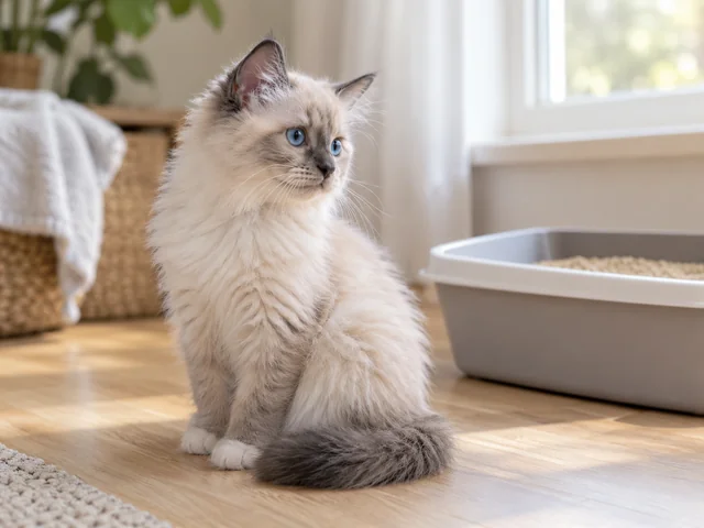 Young Ragdoll kitten sitting alert beside a clean litter box in a sunlit home