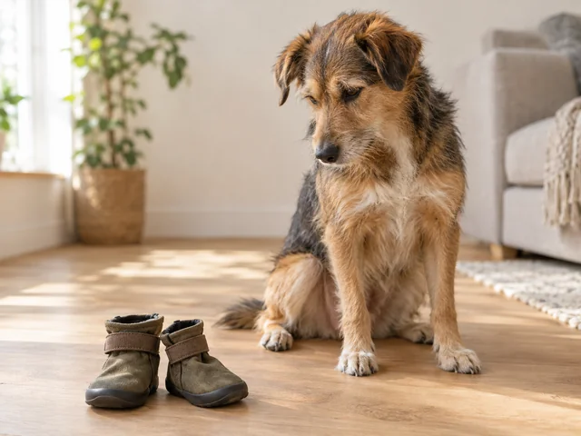 A dog sitting on a wooden floor looking down at a pair of dog boots placed in front of it.