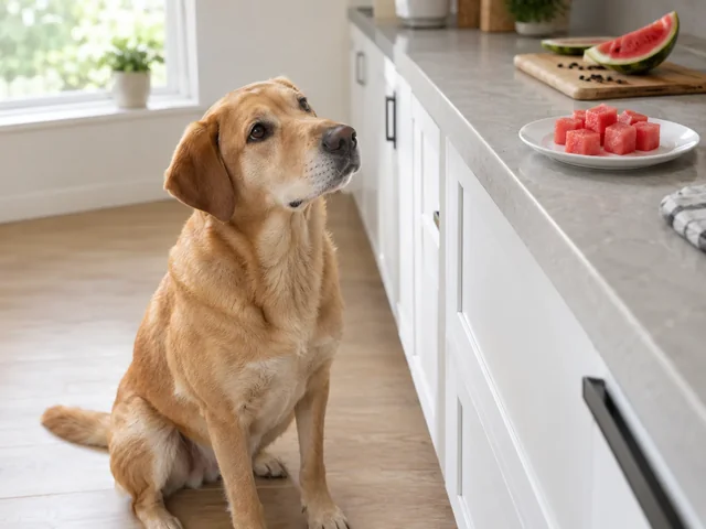 A dog looks up at a plate of cubed red watermelon on a kitchen counter, with rind and seeds set aside.