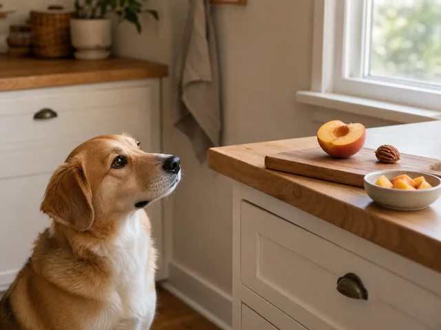 A dog sits on a kitchen floor, looking up at a cut peach and removed pit on a countertop.