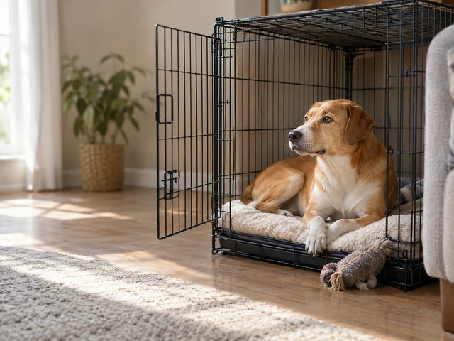 A tan and white dog rests calmly inside an open wire crate with soft bedding in a sunlit living room.
