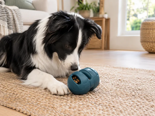 A Border Collie lies on a rug, concentrating on a rubber treat puzzle toy in natural daylight.