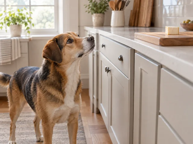 A dog looks up from a kitchen floor toward a small piece of cheese on a wooden cutting board, out of reach.