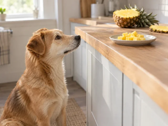 A tan dog gazes up toward a small dish of pineapple cubes on a kitchen counter in soft daylight.