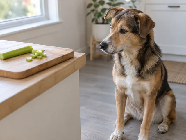 A medium-sized dog sits in a sunlit kitchen, looking toward a cutting board with plain chopped celery.
