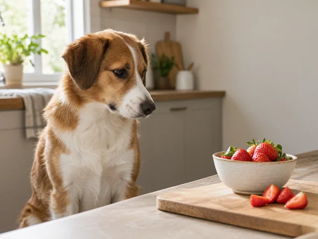 A dog looking toward a small bowl of fresh strawberries on a kitchen counter.